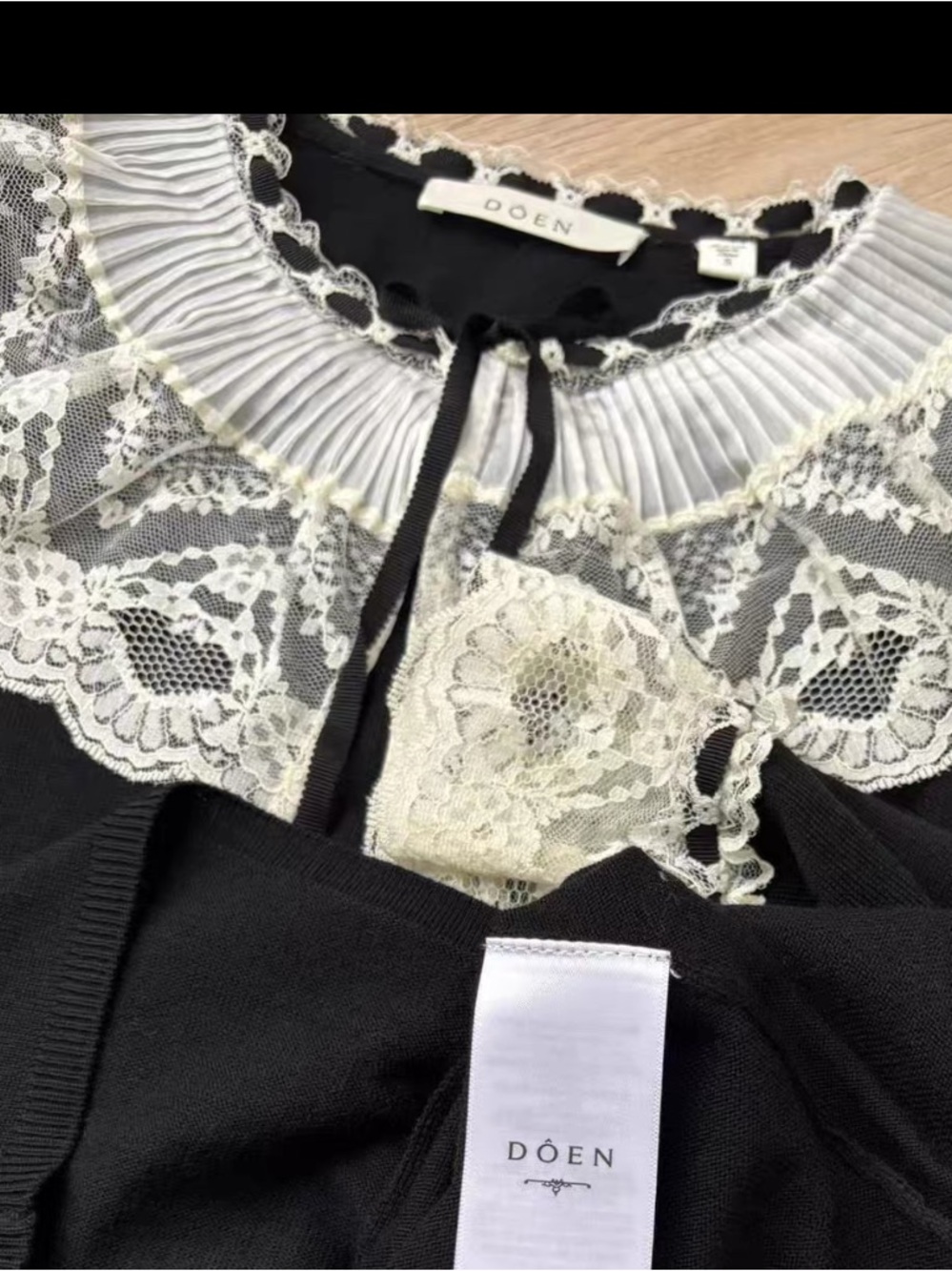 Doen Emilienne Cardigan Black Button Cardigan with Ivory Lace Collar, S - Picture 8 of 9